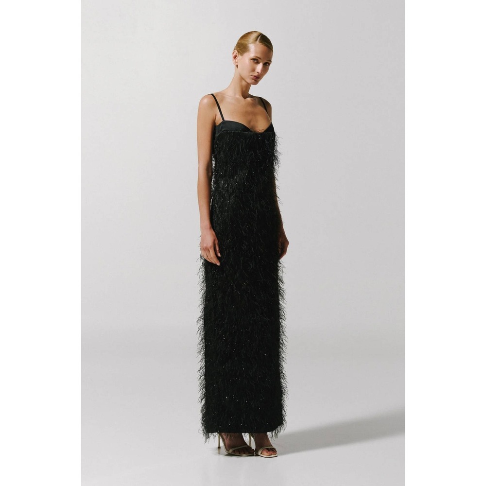 NWT Baobab Medusa Maxi Dress Graphite Black Fringe Shimmer S Evening Gown